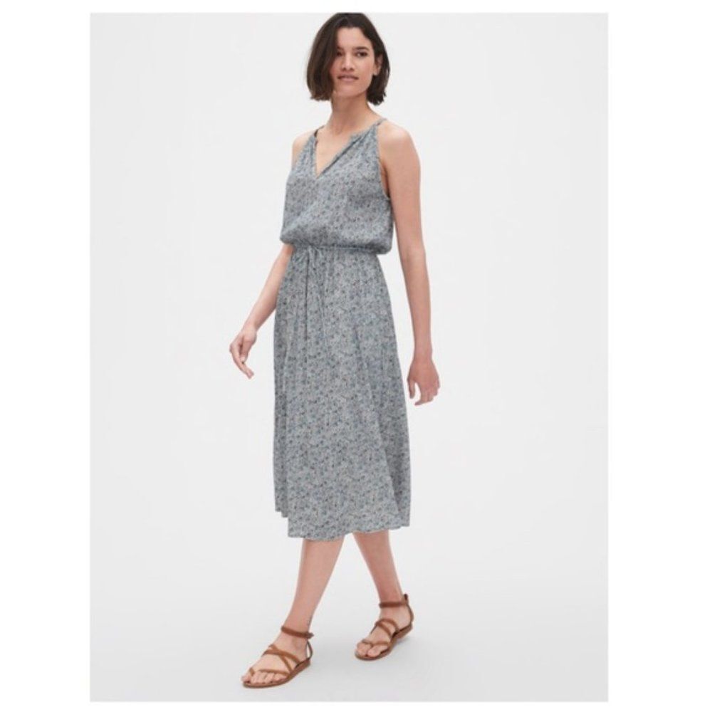 GAP Women's Blue Floral Halter V-Neck Sleeveless Pullover Midiβ Dress Size M
